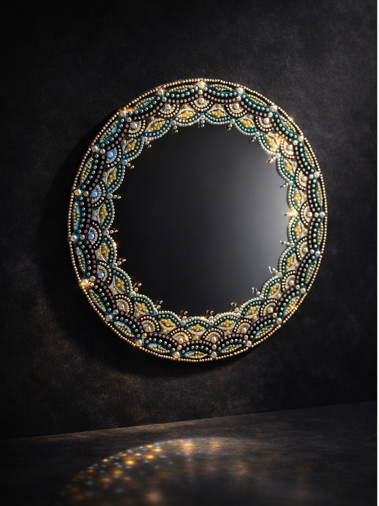 Handcrafted crystal mirror with intricate beadwork in gold, teal, and amber tones